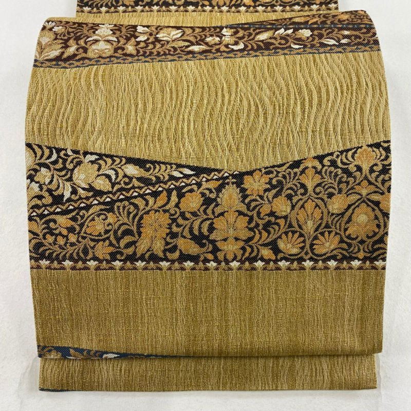 袋帯 美品 秀品 草花 金糸 黄土色 六通 正絹｜中古・古着