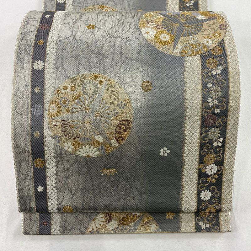 袋帯 美品 秀品 扇 菊唐草 金銀糸 箔 灰色 六通 正絹｜中古
