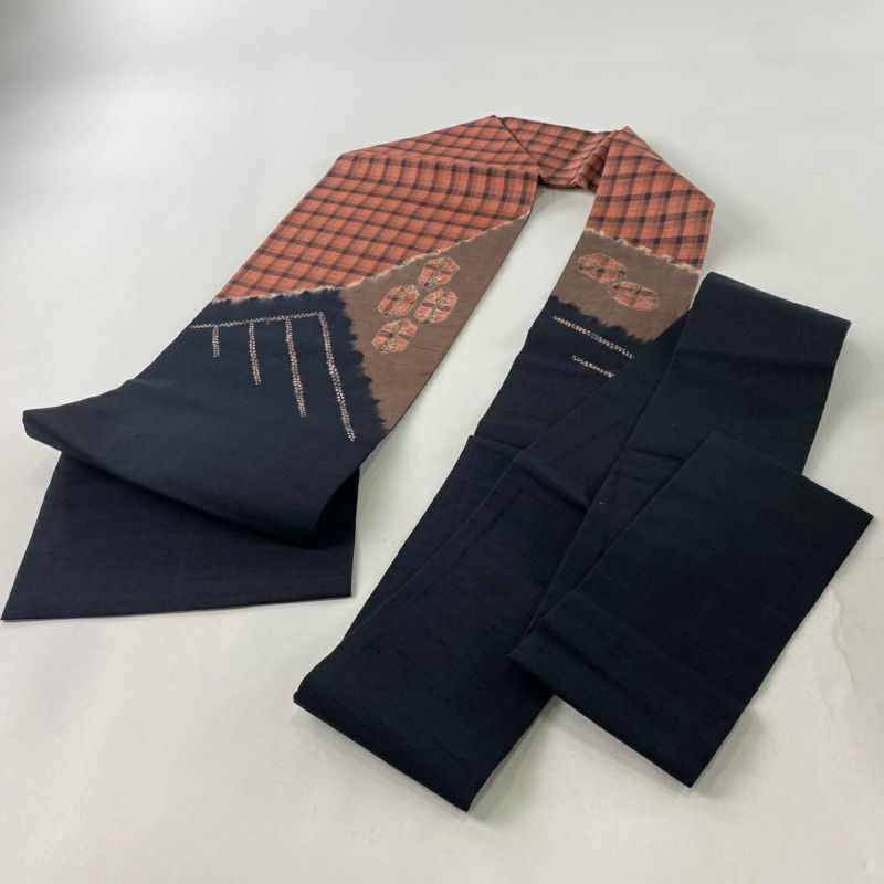 名古屋帯 美品 秀品 紬地 幾何学 格子 黒 正絹｜中古・古着