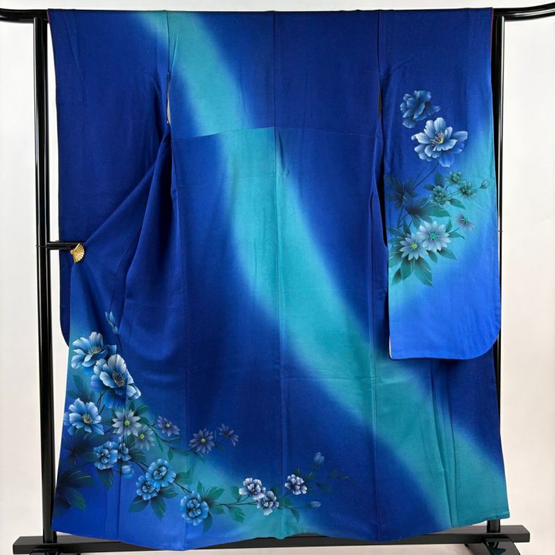 振袖 身丈156cm 裄丈63.5cm S 袷 草花 金通し ぼかし 青 正絹