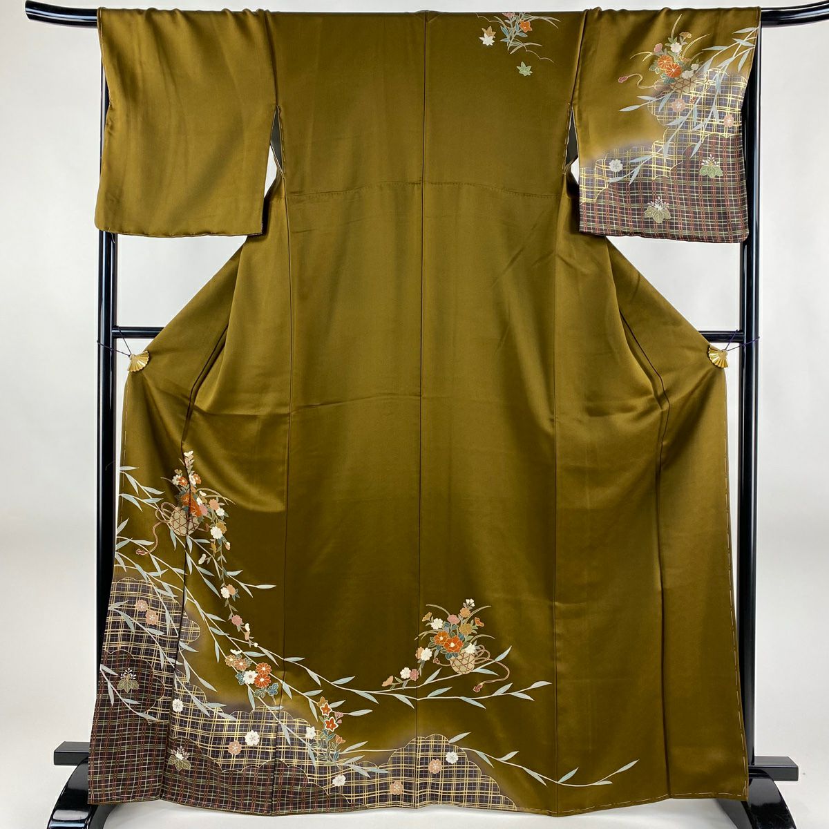 訪問着 身丈169cm 裄丈68cm L 袷 秋草 波 金彩 金糸 薄茶色 正絹