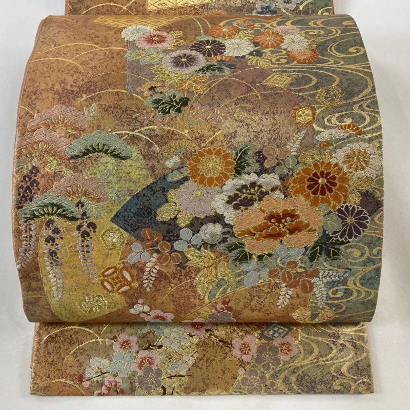 袋帯 美品 秀品 扇面 草花 刺繍 金糸 薄オレンジ 六通 正絹