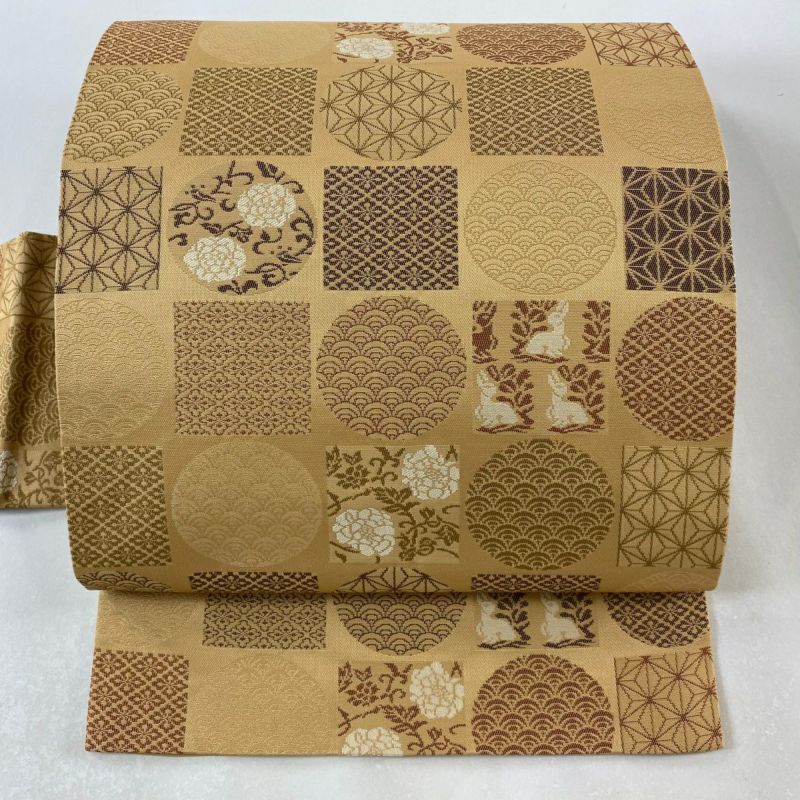 名古屋帯 美品 秀品 変わり市松 花うさぎ オレンジ 正絹｜中古