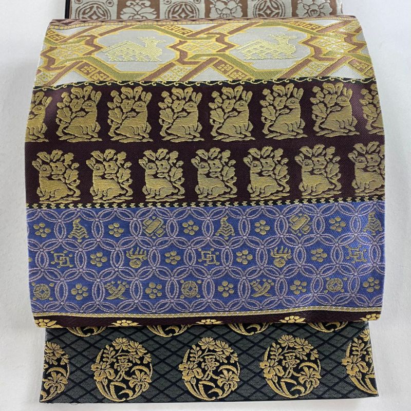 袋帯 秀品 笹蔓 花うさぎ 箔 金糸 茶色 全通 正絹｜中古・古着