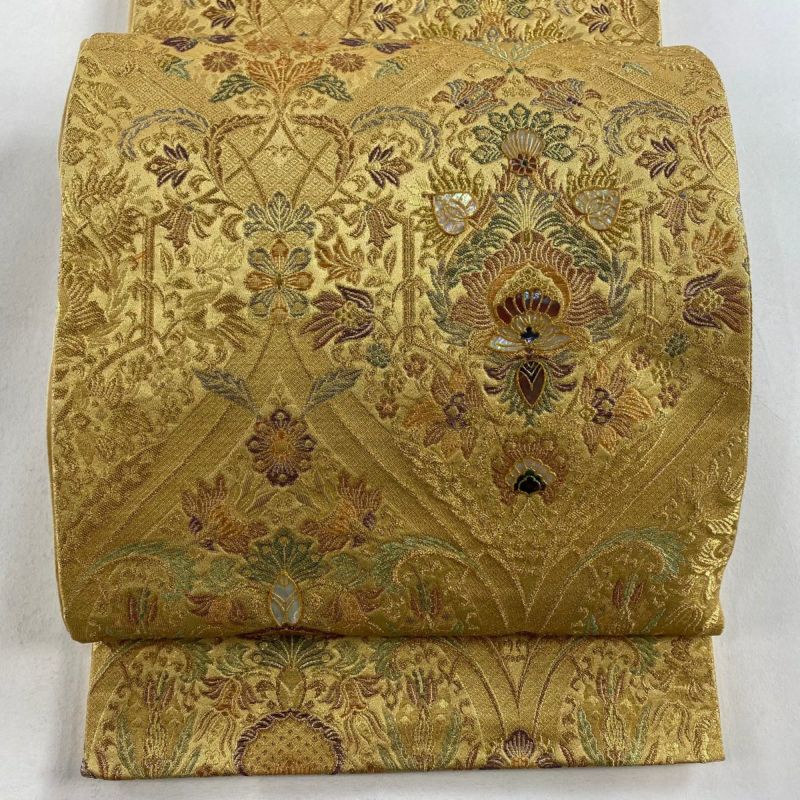 袋帯 美品 秀品 草花 金糸 螺鈿 金色 お太鼓柄 正絹｜中古・古着