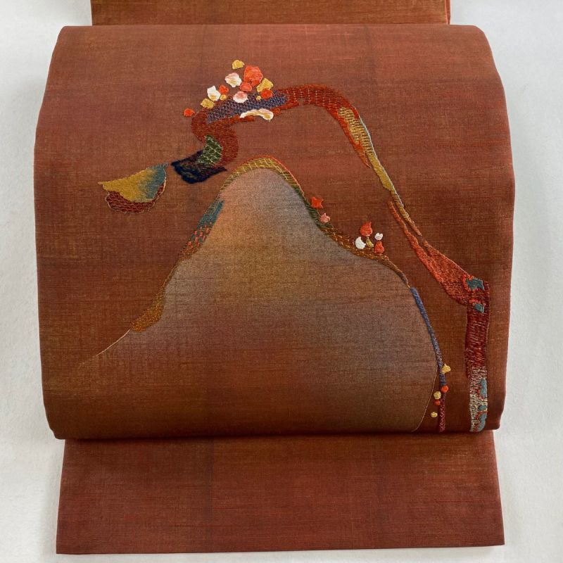 袋名古屋帯 美品 秀品 幾何学 箔 刺繍 赤茶 正絹｜中古・古着