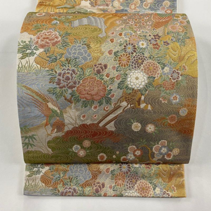袋帯 美品 秀品 証紙あり 四季乃華 孔雀 金糸 箔 金色 全通 正絹