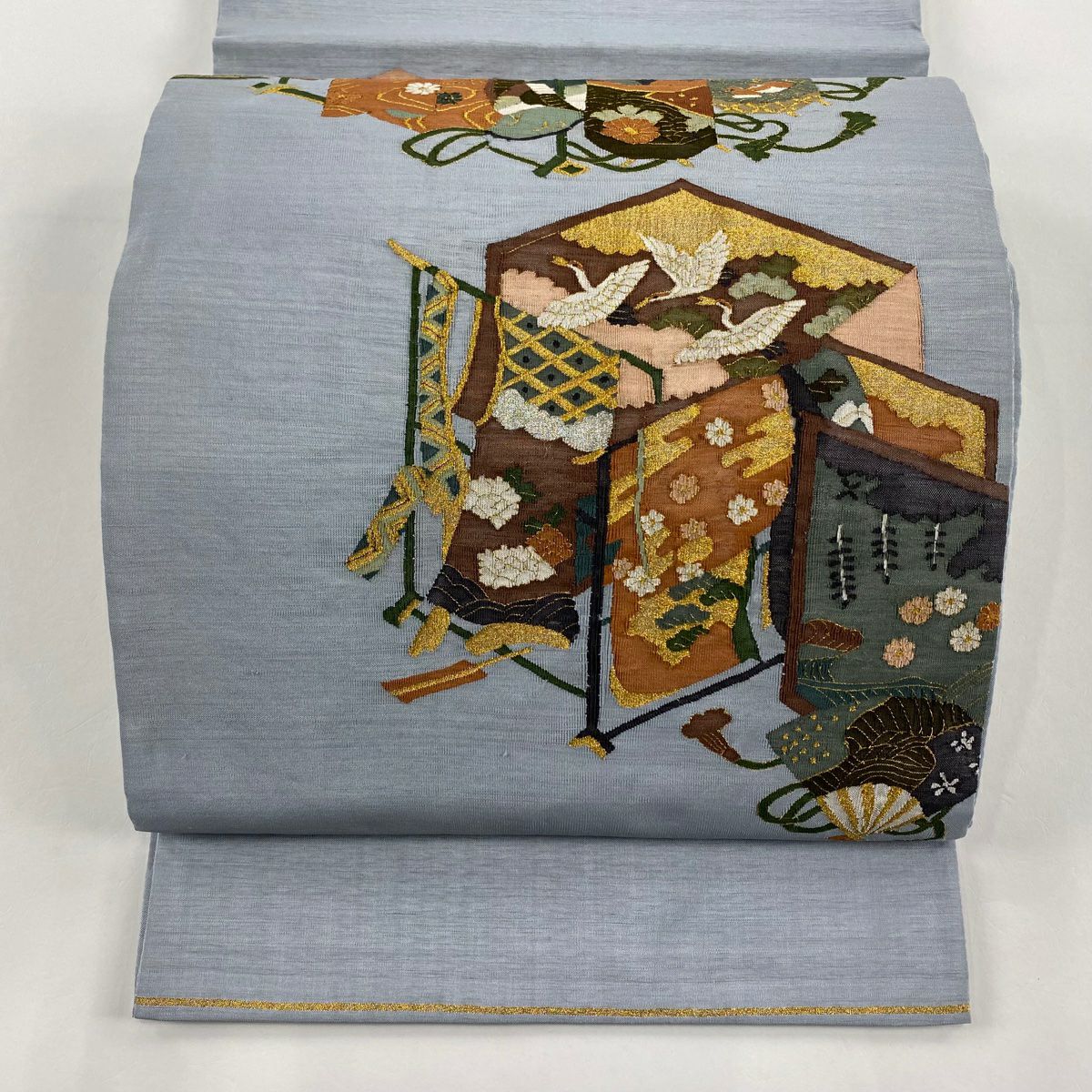 袋帯 秀品 段縞 丁子 箔 金糸 茶緑色 全通 正絹｜中古・古着