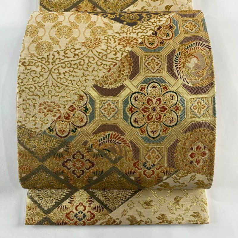 袋帯 美品 秀品 彩麗華文集 花唐草 金糸 箔 金色 六通 正絹|中古