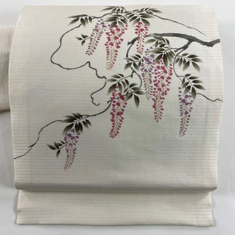 名古屋帯 秀品 夏帯 絽 藤 金彩 クリーム 正絹｜中古・古着