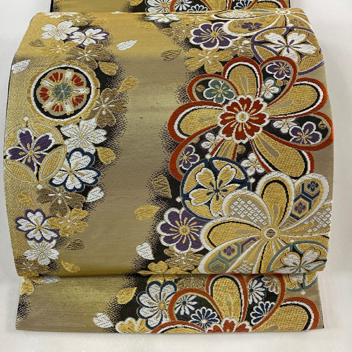 袋帯 秀品 証紙あり 関西仕立て 小槌 組紐 金糸 箔 金色 六通 正絹