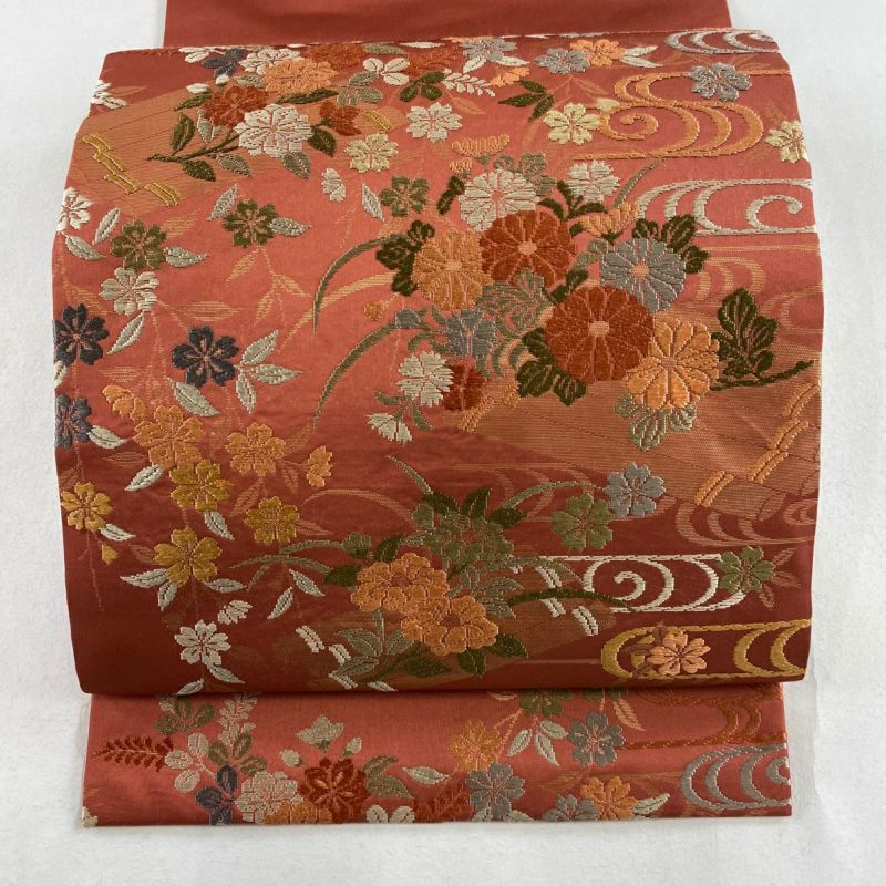 名古屋帯 美品 優品 関西仕立て 幾何学 箔 オレンジ 正絹 【中古