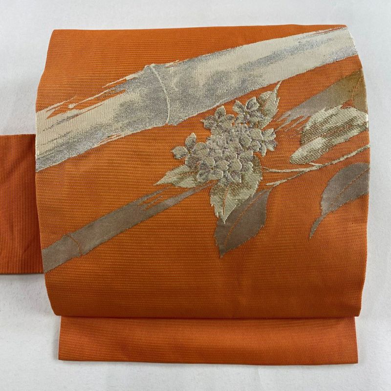 名古屋帯 優品 夏帯 絽 草花 竹 金銀糸 オレンジ 正絹｜中古