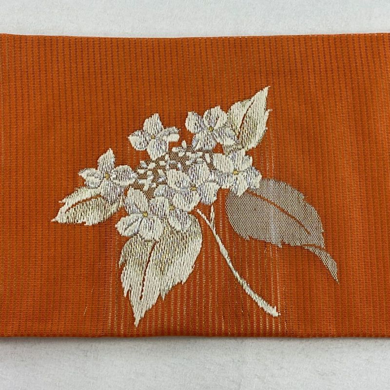 名古屋帯 優品 夏帯 絽 草花 竹 金銀糸 オレンジ 正絹 ｜中古・古着