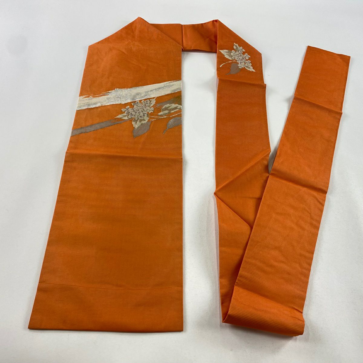 名古屋帯 優品 夏帯 絽 草花 竹 金銀糸 オレンジ 正絹 ｜中古・古着