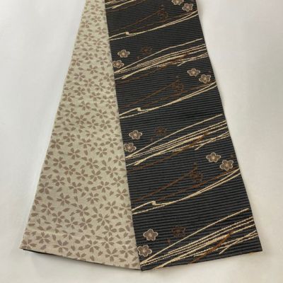 未使用に近い美品　半幅帯　黒　ベージュ　シルバー　ポリエステル 未使用に近い美品 半幅帯 黒 ベージュ シルバー ポリエステル
