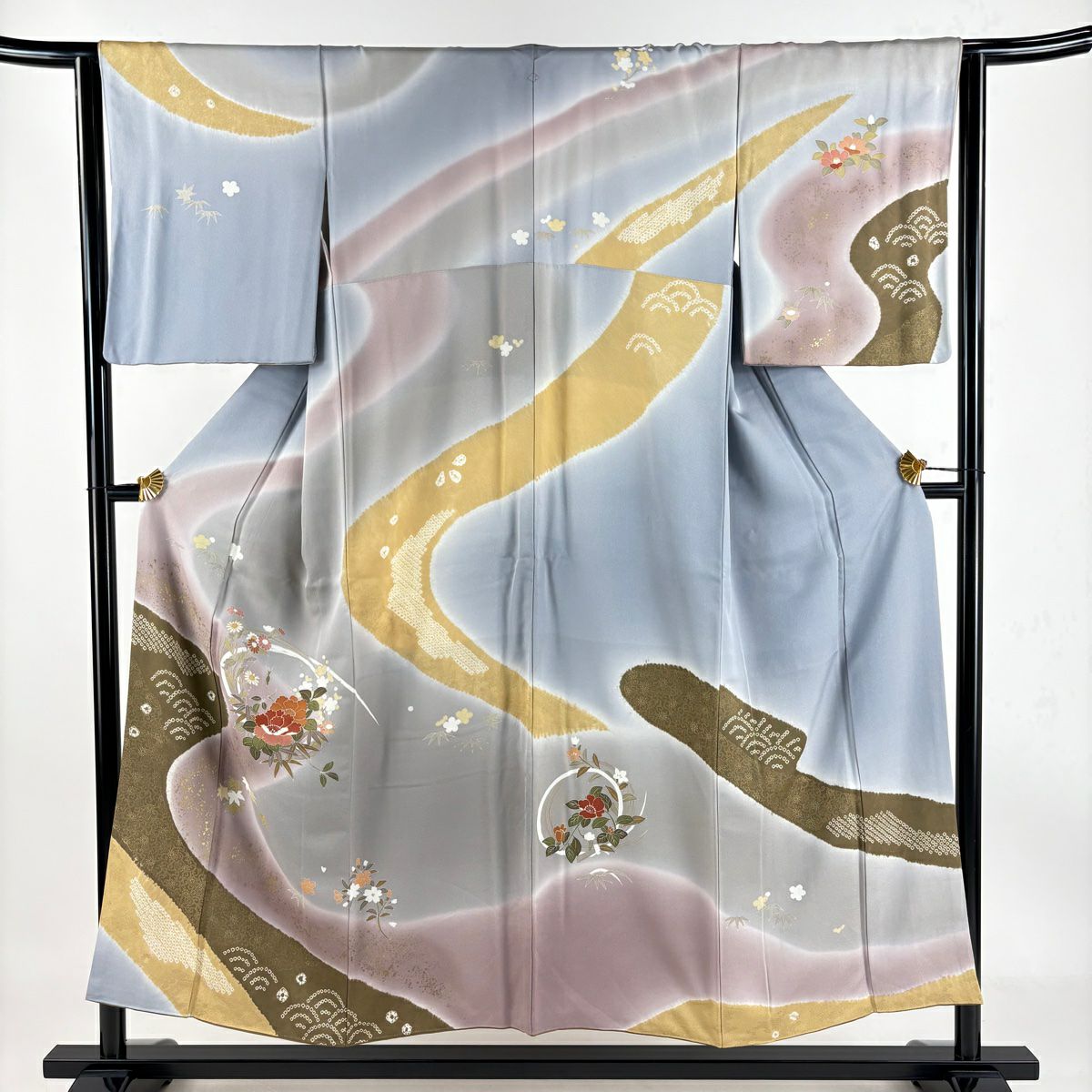 ★専用★未使用品 訪問着 枝花 くすみ紫 枝花 綸子 金彩 身丈162.0cm 裄長】訪問着 袷 しだれ桜に扇 観世水文織出し 絞り 金彩 刺繍