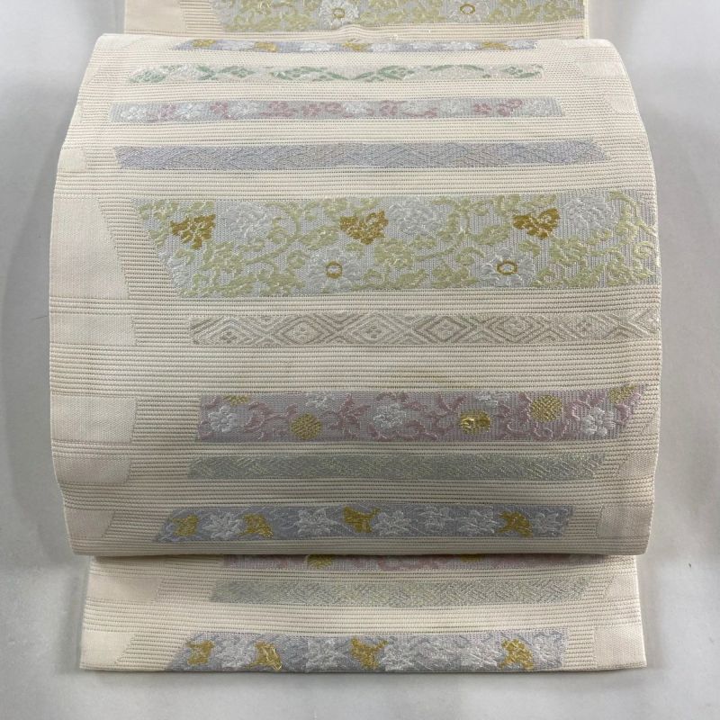 袋帯 秀品 夏帯 絽 花唐草 熨斗 銀糸 ベージュ 六通 正絹｜中古