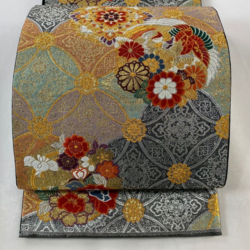 袋帯 美品 秀品 振袖向き 鳳凰 華文 唐織 金銀糸 銀色 六通 正絹