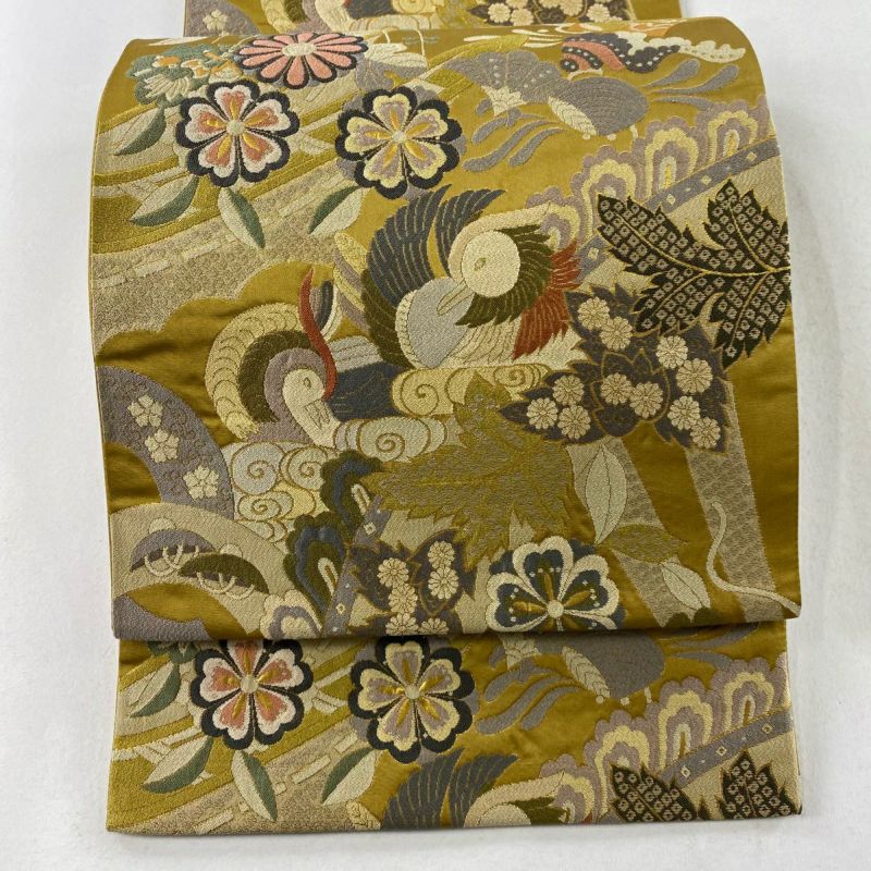 A25 美品　袋帯　金糸　刺繍　山吹茶色　正絹　着物 A25 美品 袋帯 金糸 刺繍 山吹茶色 正絹 着物 名古屋帯 美品 秀品