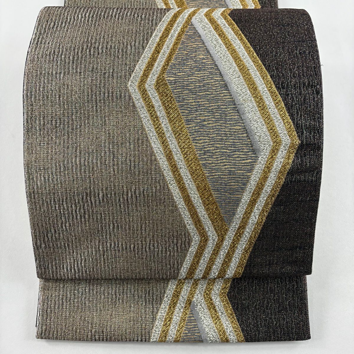 美品】 袋帯 名品 加納幸 落款 縞 幾何学 金銀彩 茶色 六通 正絹
