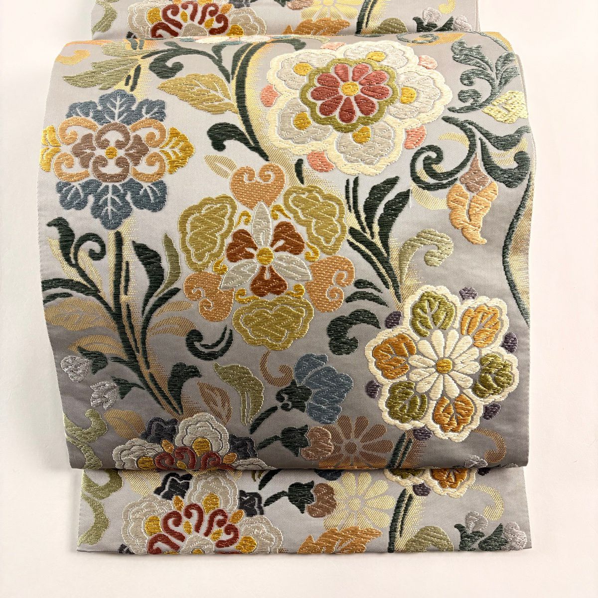 正絹　六通袋帯　ガード加工済み【花唐草　シルバー】No2748 正絹 六通袋帯 ガード加工済み【花唐草 シルバー】No2748 正絹 六通