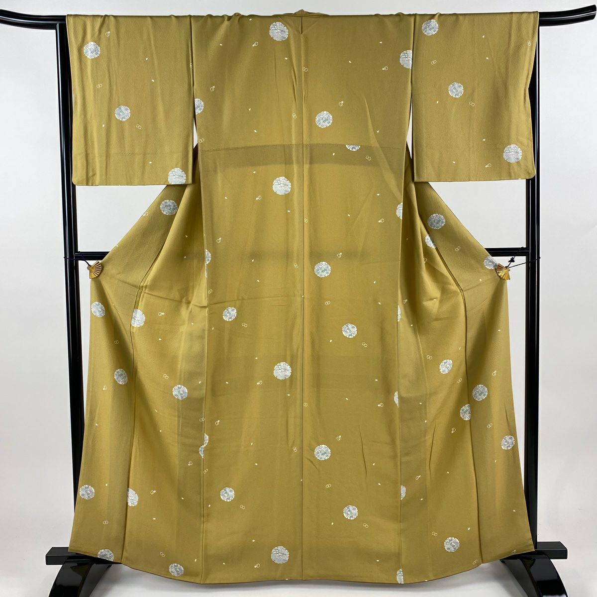 小紋 身丈160cm 裄丈65cm M 袷 縦縞 幾何学 茶緑色 正絹 美品 秀品  