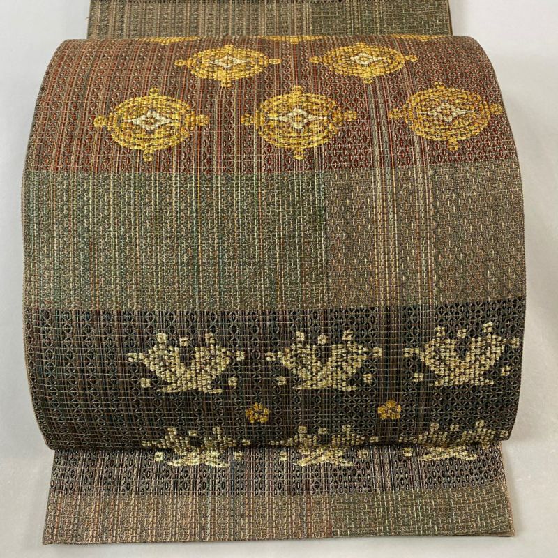 袋帯 秀品 段縞 丁子 箔 金糸 茶緑色 全通 正絹｜中古・古着