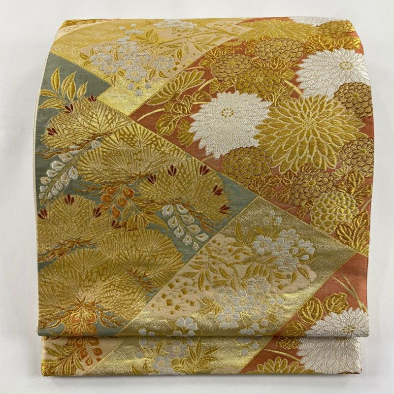 袋帯 秀品 葉柄 箔 金糸 金色 六通 正絹 【中古】 袋帯 美品