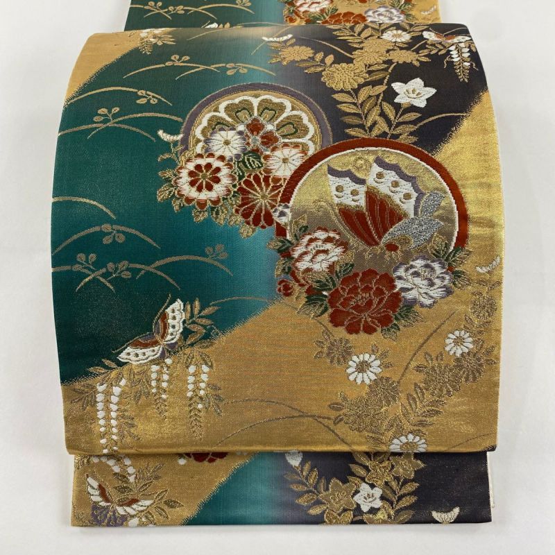 A 蝶々に花模様 金銀糸 松 藤 菊 六通 正絹 礼装用 フォーマルな袋帯 66 A 蝶々に花模様 金銀糸 松 藤 菊 六通 正絹 礼装用 フォーマル