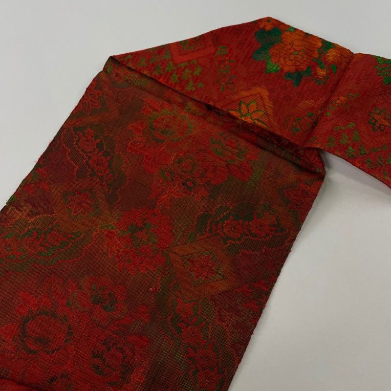 名古屋帯 美品 優品 八寸名古屋帯 松葉仕立て 草花 菱 赤 正絹