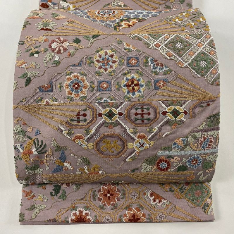未使用 しつけ糸なし】 正絹 六通柄 袋帯 唐織 刺繍 四季華扇子流し