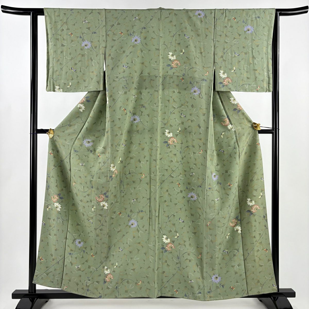 美品】 小紋 身丈154cm 裄丈62cm S 袷 草花 流水 刺繍 絞り 灰紫 正絹