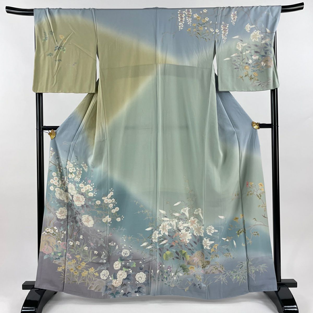 美品 単衣 笹 流水 薄物 紺色 広衿 身丈161㎝ 花火大会 伝統
