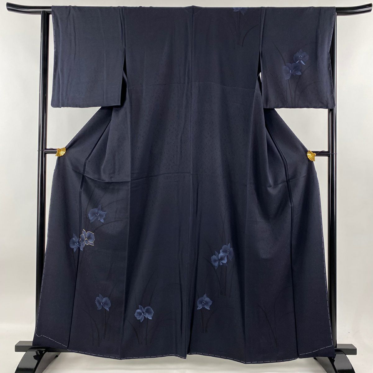 美品 小紋 付け下げ くすみブルー ネイビー 草花 身丈159.0cm 正絹 小紋 身丈162cm 裄丈67.5cm L 袷 前田仁仙 落款 草花 鳥 黒灰