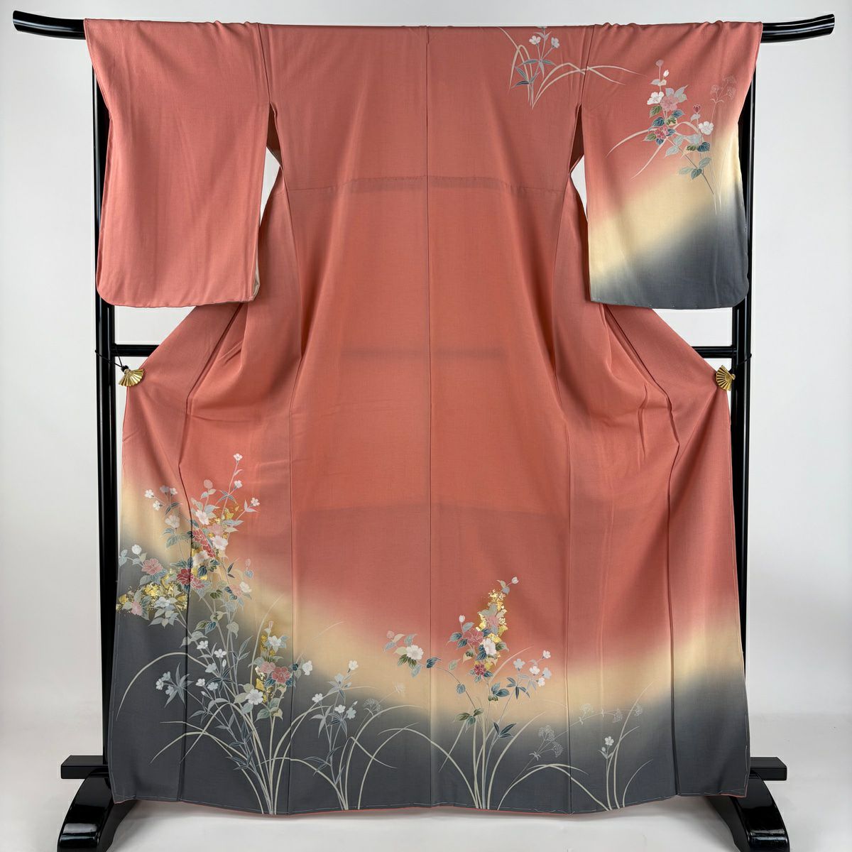 訪問着 身丈157cm 裄丈64cm M 袷 草花 牡丹 金彩 ピンク 正絹 秀