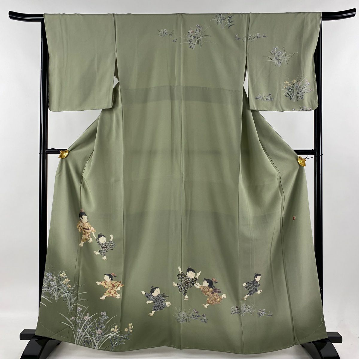 袋帯 落款あり 証紙あり 辻が花 金糸 箔 茶緑色 お太鼓柄 正絹 袋帯 名品 祥園 落款 宝尽くし 鳥 金糸 箔 銀色 お太鼓柄 正絹