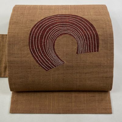 正絹 真綿紬 袋帯 サンドベージュ×赤茶 モール織ドット 美品 正絹 真綿紬 袋帯 サンドベージュ×赤茶 モール織ドット 美品