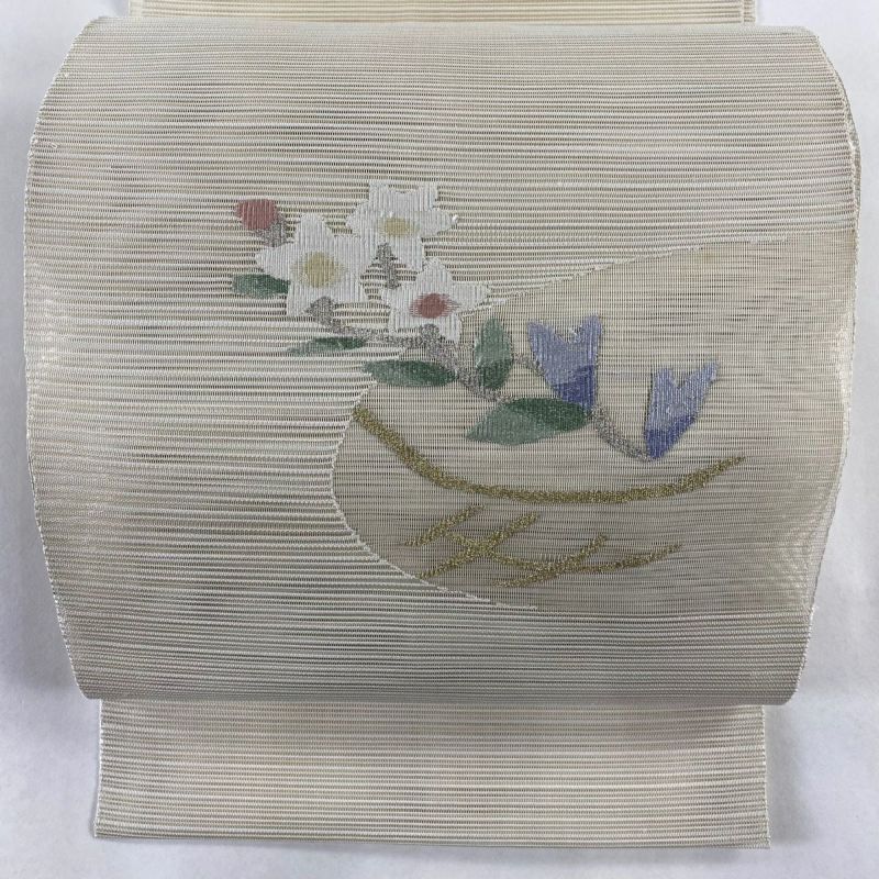 名古屋帯 秀品 八寸名古屋帯 松葉仕立て 夏帯 絽 トンネル仕立て 草花 霞 金銀糸 ベージュ 正絹｜中古・古着・リサイクル着物通販｜バイセル  オンライン