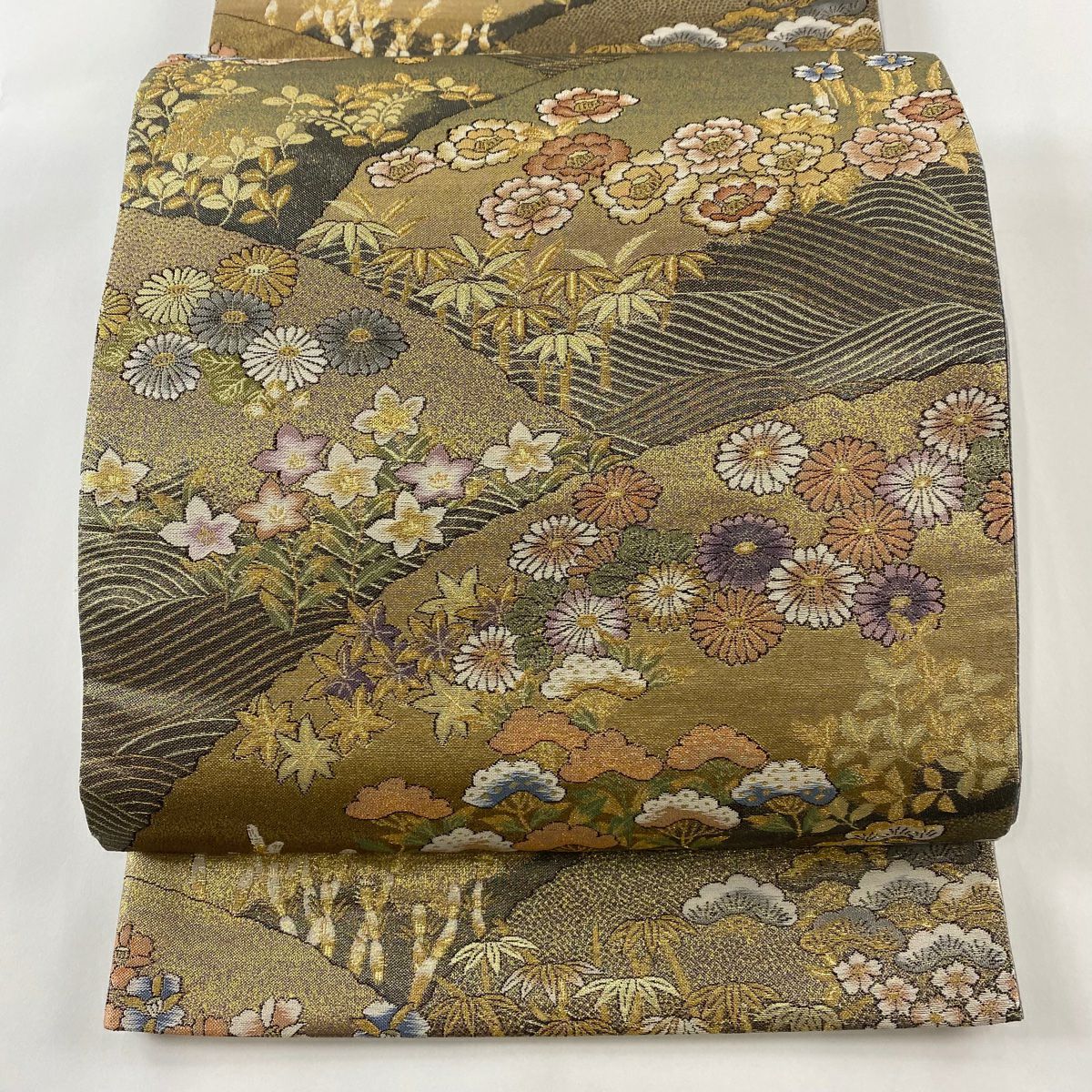袋帯 美品 秀品 草花 波 金銀糸 箔 金色 六通 正絹｜中古・古着