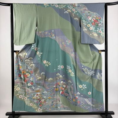 訪問着(袋帯つき)　袖丈長め　 草花文　金彩　金糸　未使用　紺青色　インスタ映え 使用感少】訪問着 正絹 丹後ちりめん 百人一首柄 金彩 青紫