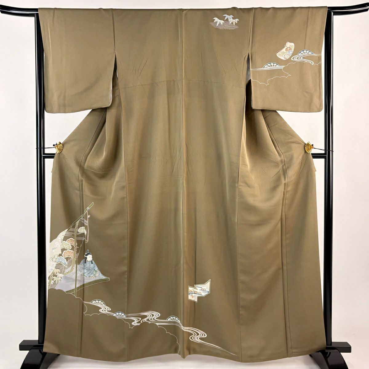 訪問着 身丈157cm 裄丈63cm S 袷 草花 雲文 絞り ぼかし 青灰色 正絹