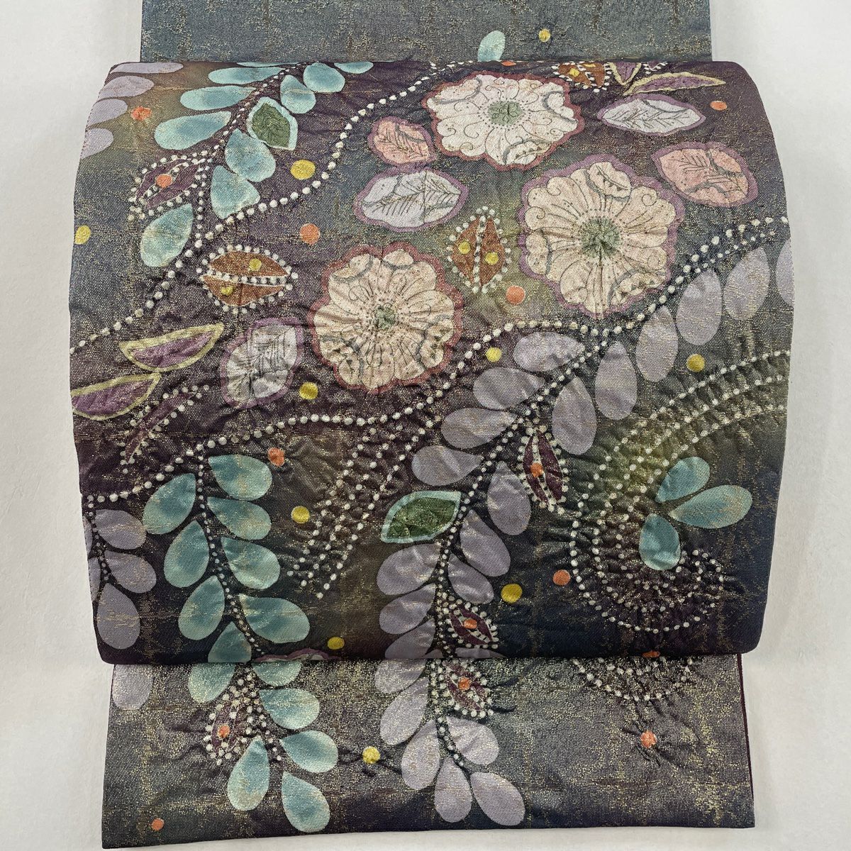 袋帯 美品 名品 落款あり 辻が花 金糸 箔 茶緑色 お太鼓柄 正絹