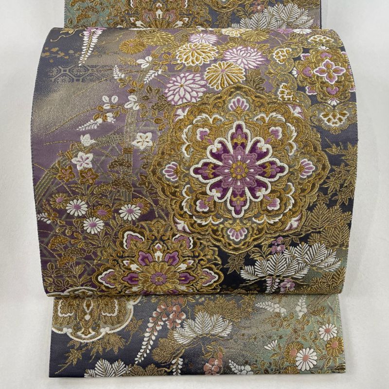 袋帯 美品 名品 華文 若松 金糸 刺繍 紫 お太鼓柄 正絹｜中古