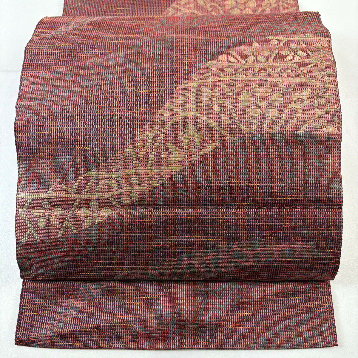 名古屋帯 美品 名品 八寸名古屋帯 松葉仕立て 市松 縞 正絹 名古屋帯 秀品 八寸名古屋帯 松葉仕立て 花 幾何学模様 金糸 焦茶色