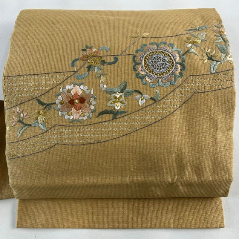 名古屋帯 仕立糸付 可愛い刺繍 お華 植物 銀糸 素敵サーモンピンク y-52 名古屋帯 仕立糸付 可愛い刺繍 お華 植物 銀糸 素敵サーモン