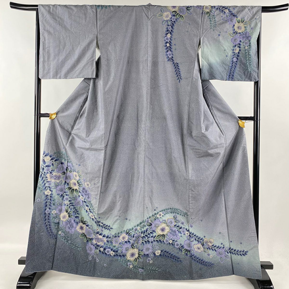 付下げ 身丈165cm 裄丈66cm M 袷 紬地 梅 霞 刺繍 金糸 墨色