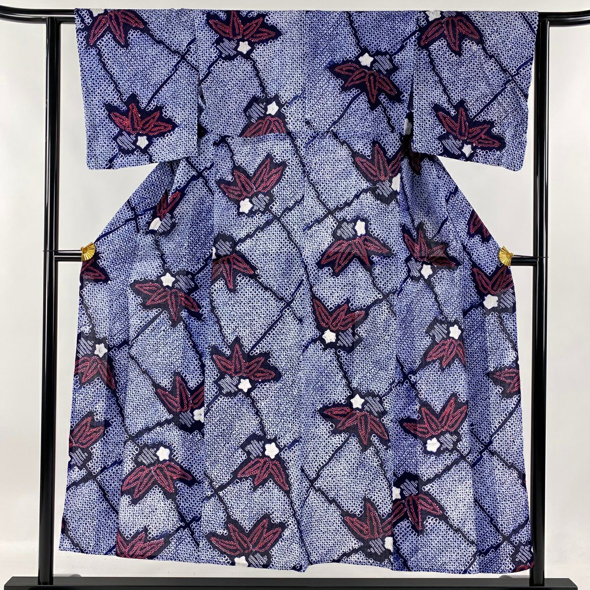 浴衣 身丈145.5cm 裄丈60.5cm S 絞り浴衣 華文 菱 紺色 綿 秀品｜中古  
