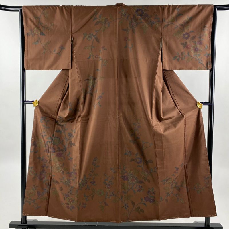 正絹付下げ反物46(茶色、ラインと小物柄) （大島紬 身丈159cm 裄