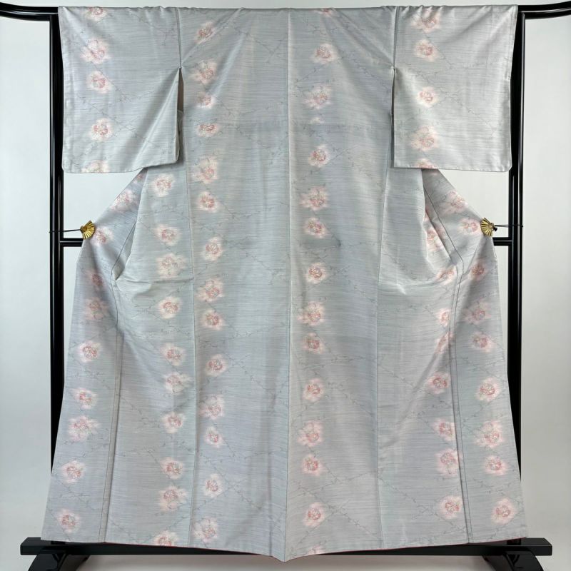 紬 身丈159cm 裄丈65cm M 袷 草花 灰紫 正絹 優品｜中古・古着
